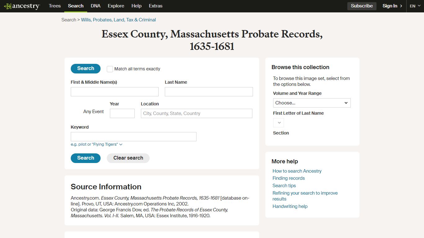 Essex County, Massachusetts Probate Records, 1635-1681